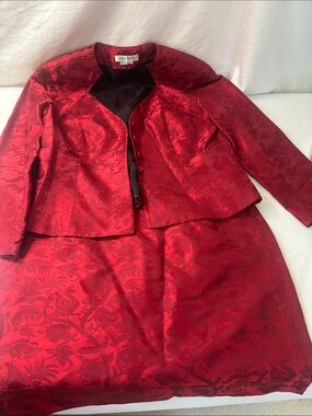 Kay Unger Red Floral Brocade Skirt Set Matching  Blazer Size 14